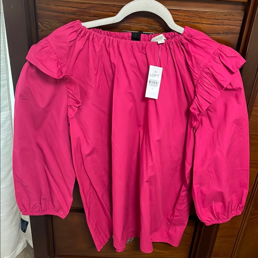 LOFT Pink Puff Sleeve Ruffled Blouse